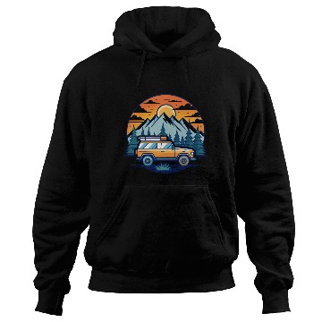 Discover Camper Van parked Lake with Mountains Hoodies