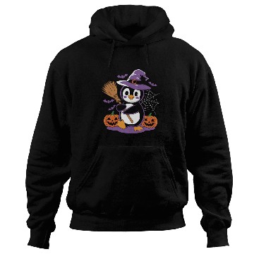 Discover Cute Penguin Halloween Witch with Pumpkins and Hoodies