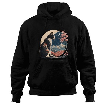 Discover Nighttime Serenity: Cat, Cherry Blossoms, Mountain Hoodies
