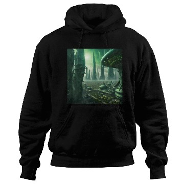 Discover Futuristic Cityscape with Alien Planets Hoodies