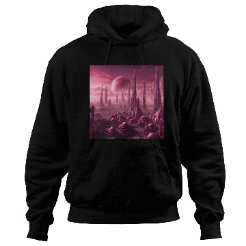 Discover Futuristic Alien Skyline in Pink Hues Hoodies