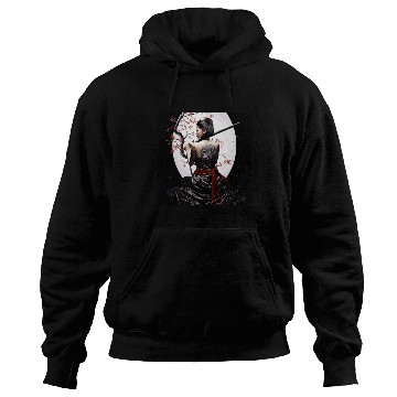 Discover Samurai Serenity: Woman with Sword Under Cherry Hoodies