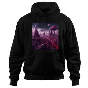 Discover Sci-Fi Future World And Alien City in Neon Pink Hoodies
