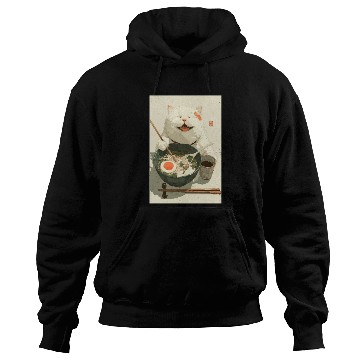 Discover Happy White Cat Eating Ramen Hoodies