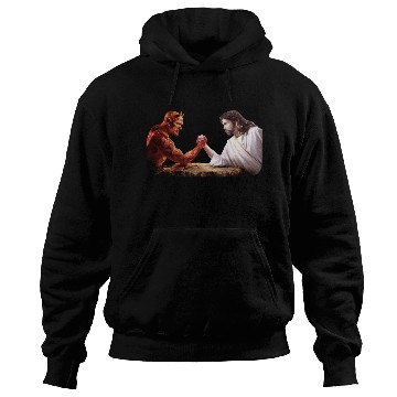 Discover God arm wrestling Satan Hoodies