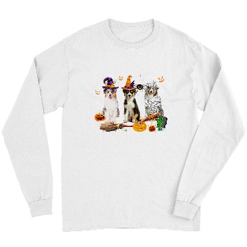 Discover Three Australian Shepherd Dogs Mummy Witch Scary Pumpkins Long Sleeves