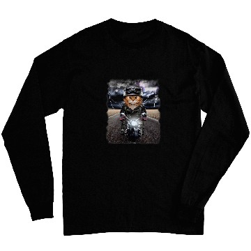 Discover Fluffy Orange Cat on Motorcycle Cruise Down Highway 21 Long Sleeves