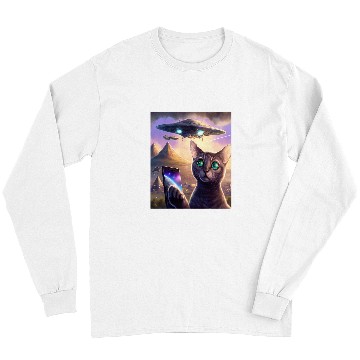 Discover Aliens UFO Funny Cat Selfie Galaxy Cat Long Sleeves