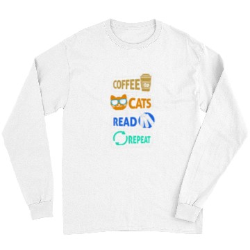 Discover Book Fun Reading Coffee Cats Read Repeat Book Reader Cat Owner Long Sleeves
