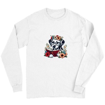 Discover Book Fun Funny Dalmatian Dog with flowers and read a book Long Sleeves