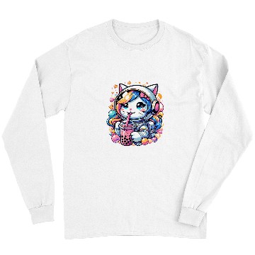 Discover Anime Cute Astronaut Cat In Space Drinking Bubble Boba Tea Long Sleeves