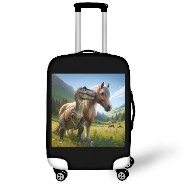 Discover Palomino horse next to a velociraptor Luggage Covers