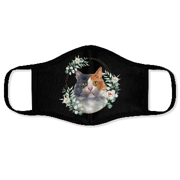 Discover Calico Cat in a Floral Gold Wreath Frame Face Masks