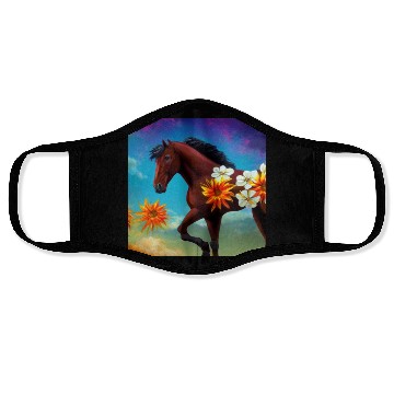 Discover Brown horse with orange white flowers drawing Face Masks