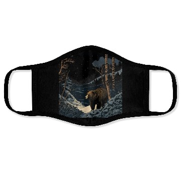 Discover Ukiyo bear in forest landscape at night winter Face Masks