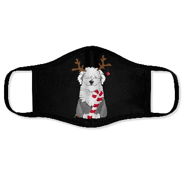 Discover Bobtail dog with candy cane and reindeer antlers Face Masks