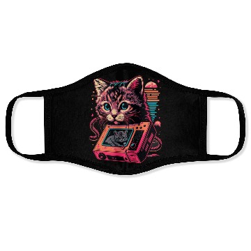 Discover neon cat tape player Face Masks