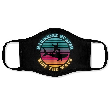 Discover Hardcore Shark Surfer Ride the Wave Sunset Neon Face Masks