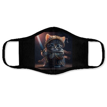 Discover Cat as a warrior holding a sword Face Masks