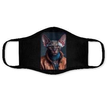 Discover Devon Rex Cat Breed Portrait wears a leather jacke Face Masks