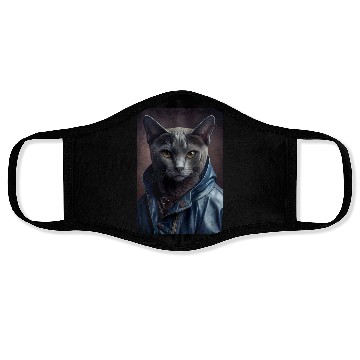 Discover Russian Blue Cat Breed Portrait wears a leather j Face Masks