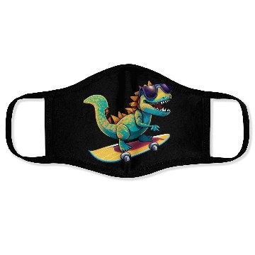 Discover Cute Dinosaur with sunglasses skating skateboard Face Masks