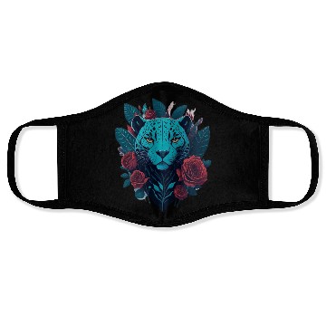 Discover cute jaguar with red flowers Face Masks