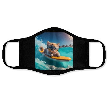 Discover A cute cat surfing in the blue water Face Masks