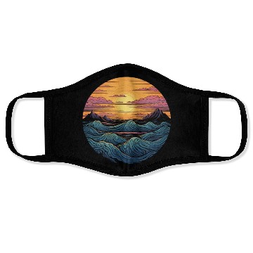 Discover serene ocean sunset with large waves (3) Face Masks