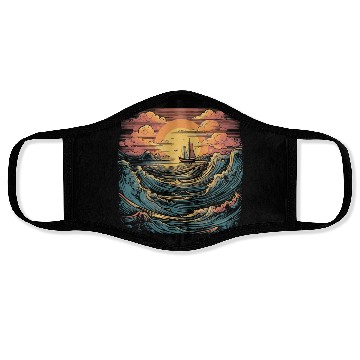 Discover serene ocean sunset with large waves (9) Face Masks