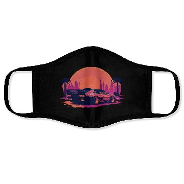 Discover Cyberpunk car in sunset cityscape Face Masks