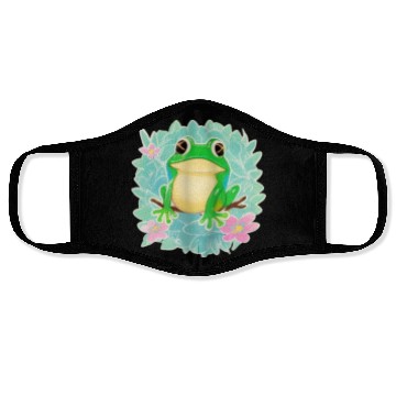 Discover Cute Little Tree Frog on a Floral background Face Masks
