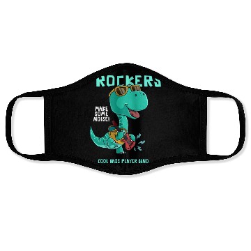 Discover ROCKERS MAKE SOME NOISE COOL BASS PLAYER DINO Face Masks