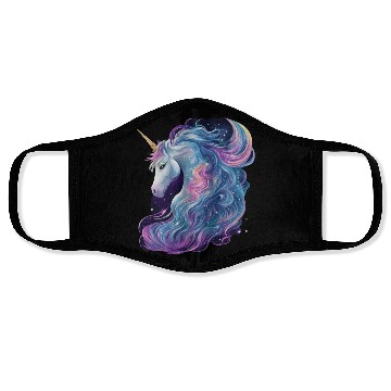Discover Unicorn with flowing mane surrounded by stars Face Masks