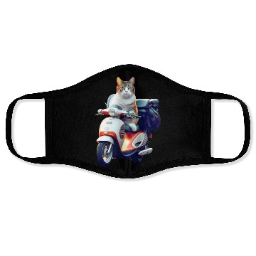 Discover 3D cute adorable white cat rides a red motorcycle Face Masks