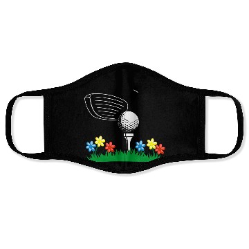 Discover Golf stick and ball on grass field with flowers Face Masks