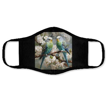 Discover Green and blue Parakeets with flowers Face Masks