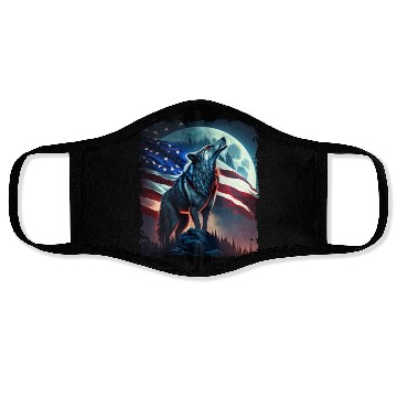 Discover America wolf under Moon with American Flag Face Masks