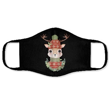 Discover cute deer with sweater and Christmas wreath Face Masks