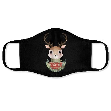 Discover cute deer with sweater and Christmas wreath Face Masks