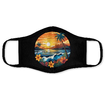 Discover Retro Surfboard Design Flowers Palm Trees Ocean Face Masks