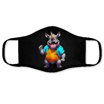 Discover A Cartoonish Rhinoceros in a Playful Pose Face Masks