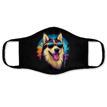 Discover Retro Wave Husky Dog Face Masks