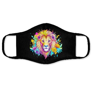 Discover Colorful lion surrounded by flowers Face Masks
