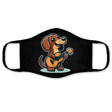 Discover Cute Dachshund playing Guitar Face Masks