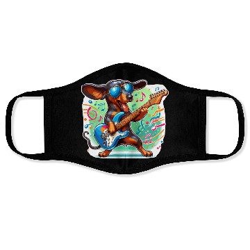 Discover Cute Dachshund playing E-Guitar Face Masks