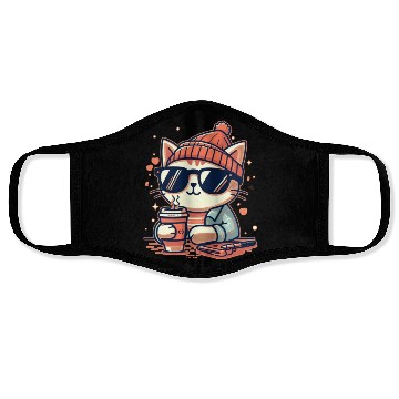 Discover Cat wearing sunglasses drink coffee stickers Face Masks