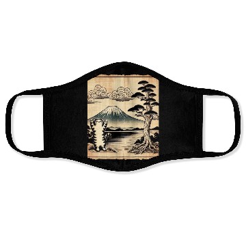 Discover Mt. Fuji Kitten Papyrus Scroll Retro Japanese Art Face Masks