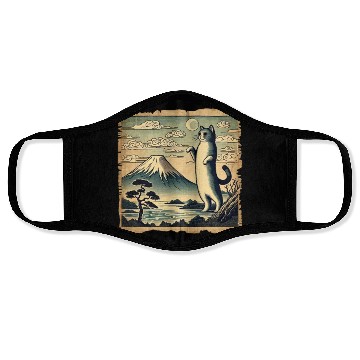 Discover Mt. Fuji Kitten Papyrus Scroll Retro Japanese Art Face Masks