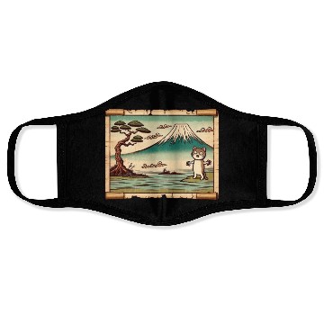 Discover Mt. Fuji Kitten Papyrus Scroll Retro Japanese Art Face Masks